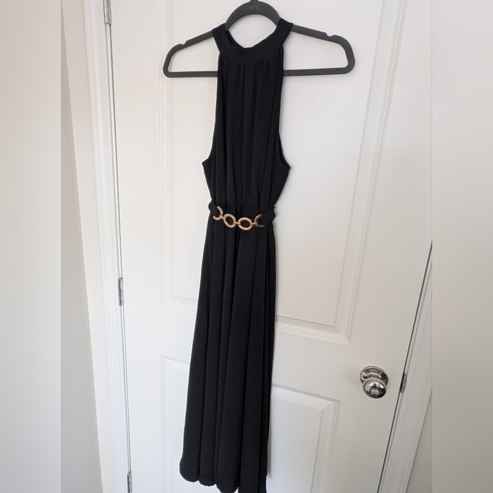 SHEIN Women's Size XL Halter Neck Black Maxi Dress with Gold Chain Accent Belt